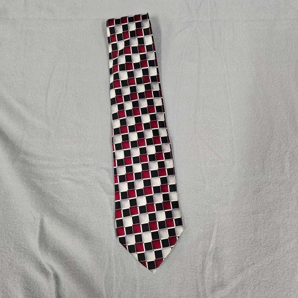 Pierre Cardin Mens Silk Tie Red Black Silver Grayβ Checkered Geometric Pattern